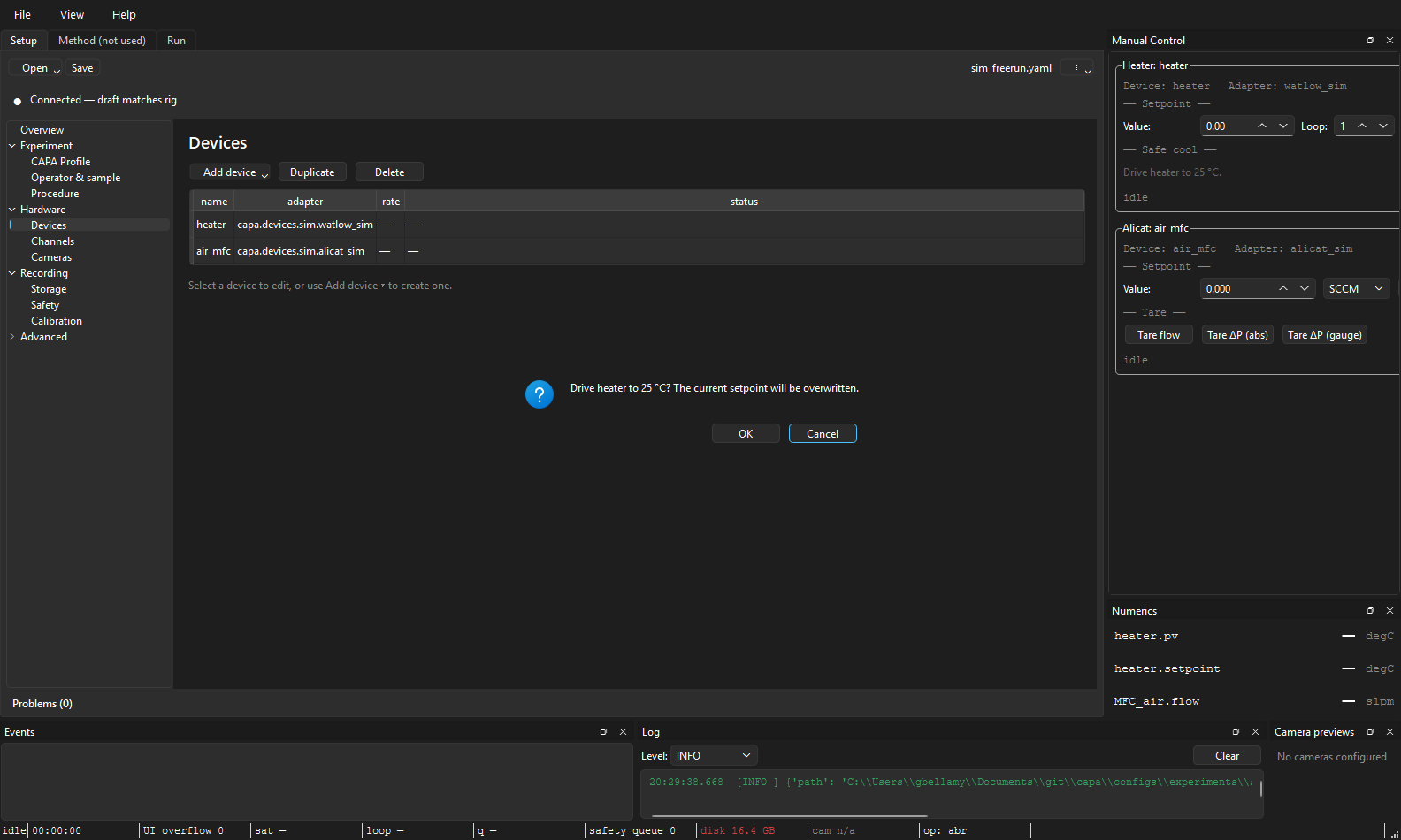Confirmation dialog: "Drive heater to 25 °C? The current setpoint will be overwritten." with OK / Cancel buttons.