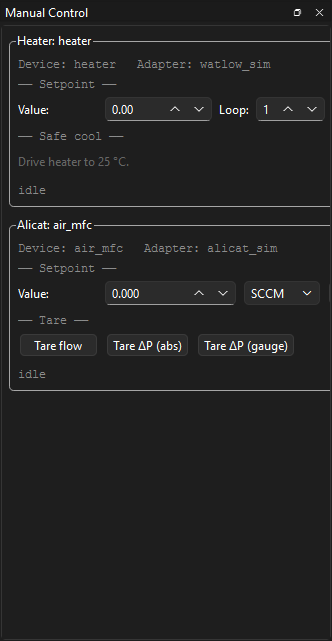 Manual control dock with two cards: Heater "heater" (watlow_sim, setpoint + safe-cool) and Alicat "air_mfc" (alicat_sim, setpoint + tare flow / ΔP). Both show idle status.