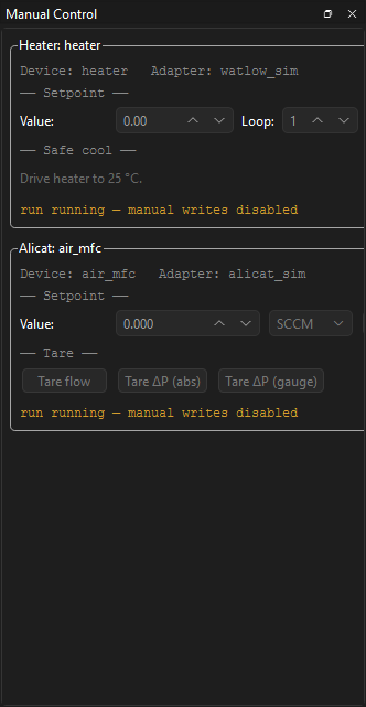 Manual dock during a run: both cards' value spinboxes and action buttons are grayed; the inline status text reads run running — manual writes disabled.