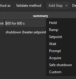 Add Step menu open showing the eight kinds: Hold, Ramp, Setpoint, Wait, Prompt, Acquire, Safe shutdown, Custom.
