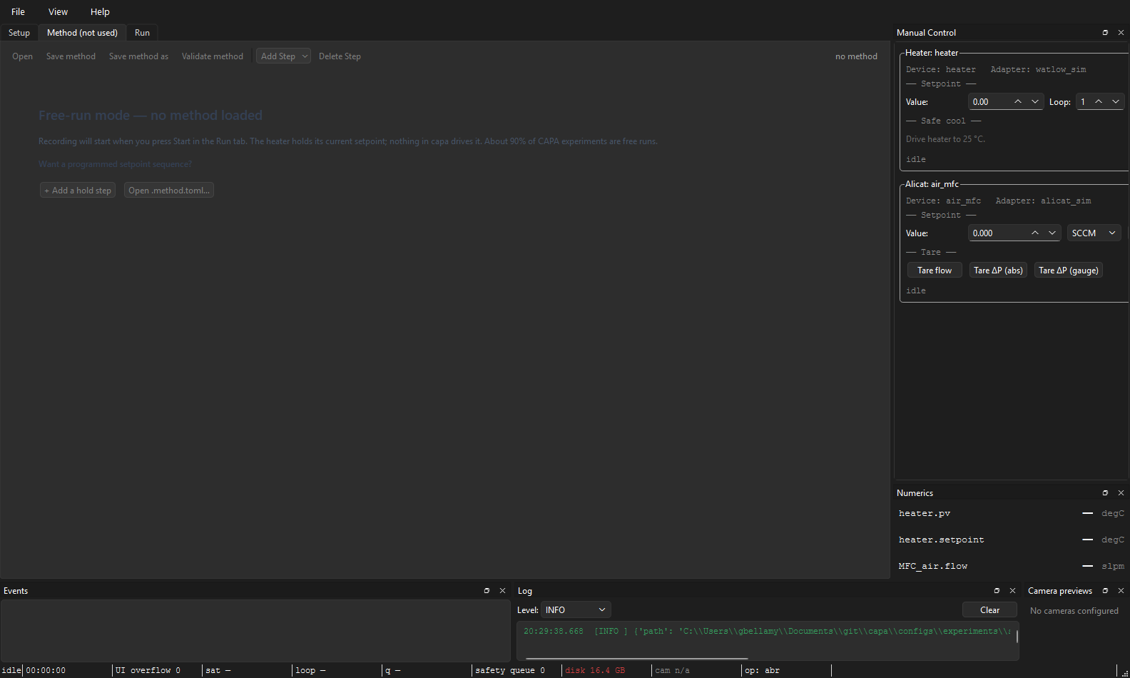 Method tab in free-run state. Heading "Free-run mode — no method loaded", explanatory paragraph, and two shortcut buttons. Tab title reads Method (not used).