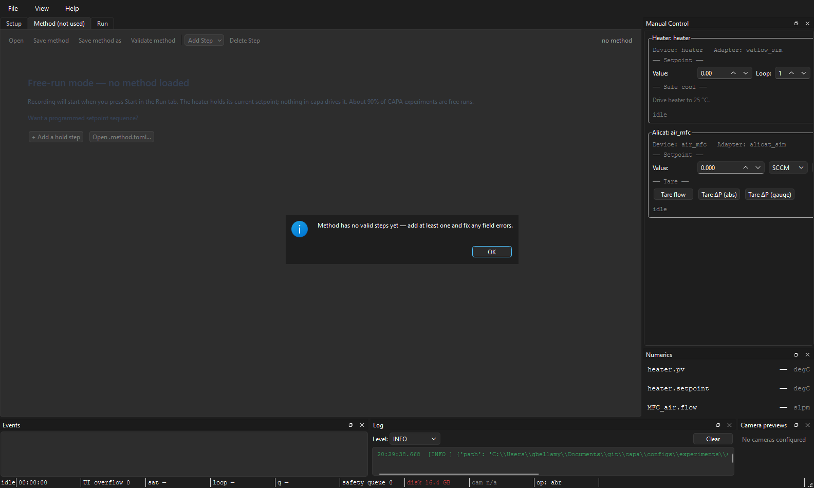 Validate dialog: "Method has no valid steps yet — add at least one and fix any field errors." with OK button.