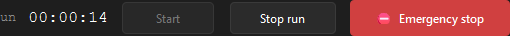 Run-tab button strip during a run: Start (disabled, gray), Stop run (enabled), ⛔ Emergency stop (enabled, red accent).