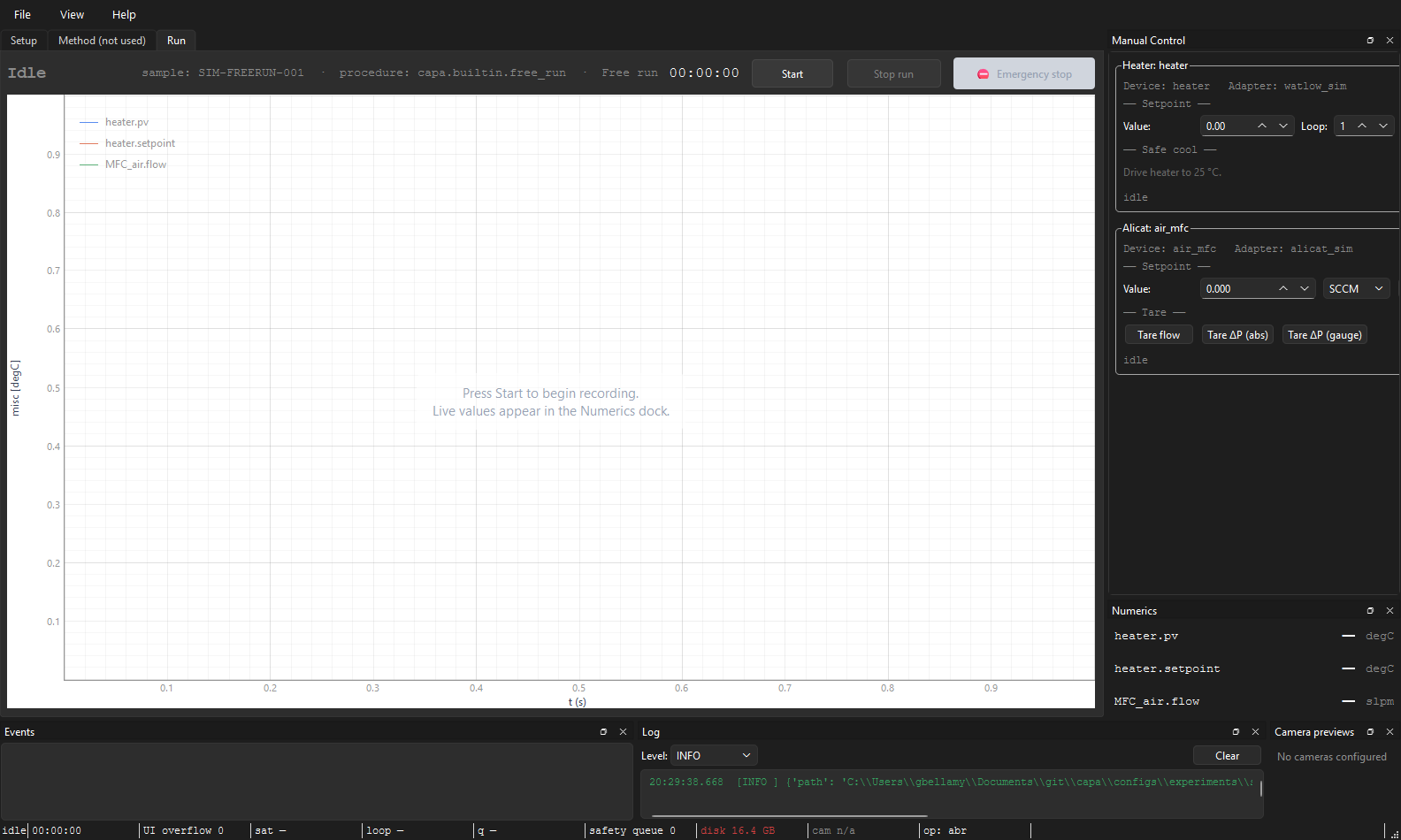 Run tab, Idle state. Header reads Idle sample: SIM-FREERUN-001 · procedure: capa.builtin.free_run · Free run 00:00:00. Start button enabled; Stop and Emergency disabled. Empty plot pane with channel legends.