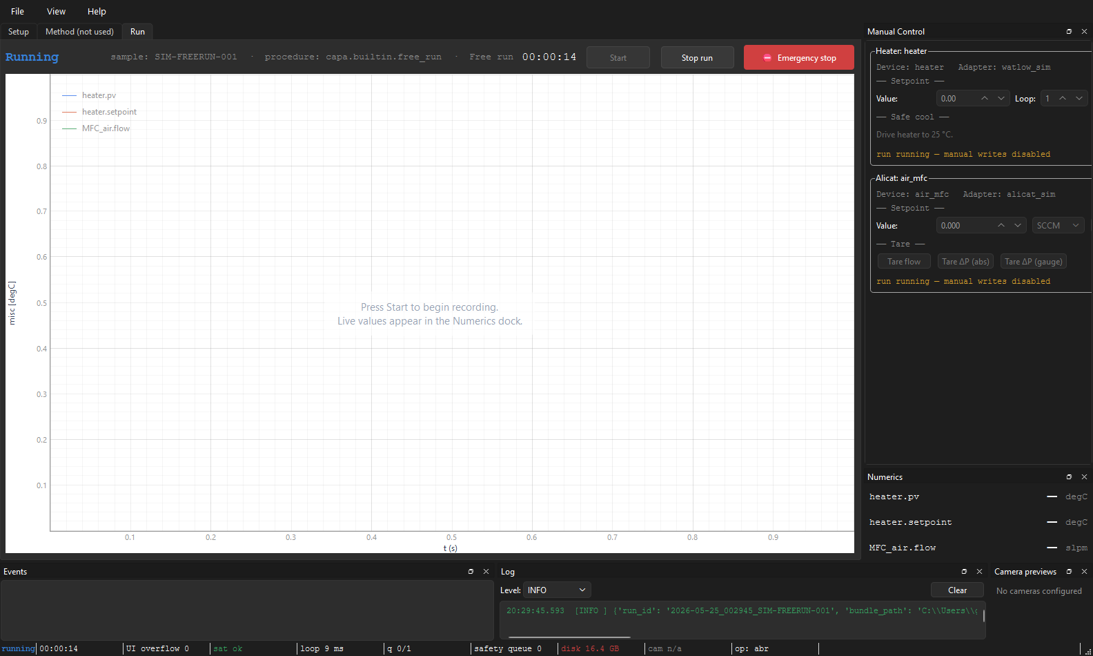 Run tab, Running state. Badge Running (green), Stop and Emergency stop enabled, Start disabled. Status bar at the bottom reads running 00:00:14 loop 3 ms q 0/1 …. Manual-control cards on the right show run running — manual writes disabled.