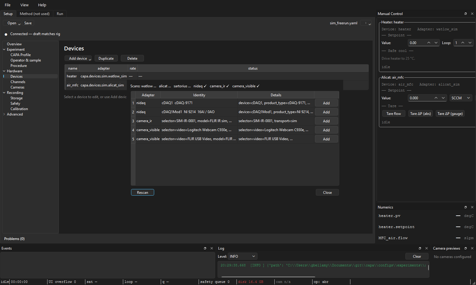 Discovery dialog mid-scan: the "Scans:" status line shows watlow / alicat / sartorius / nidaq✓ / camera_ir✓ / camera_visible✓; five discovered devices in the table with Add buttons.