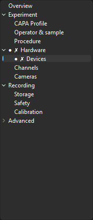Outline with the Devices row showing ●✗ (dirty + error), and the Hardware parent rolling up the same marker.
