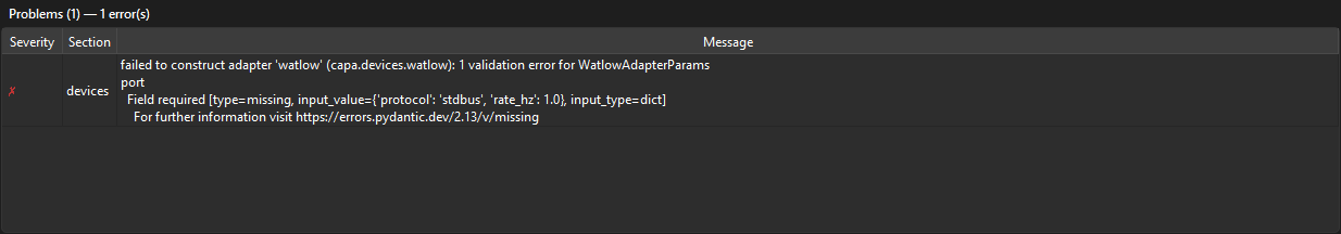 Problems panel showing one error: "failed to construct adapter 'watlow' (capa.devices.watlow): 1 validation error for WatlowAdapterParams — port — Field required."