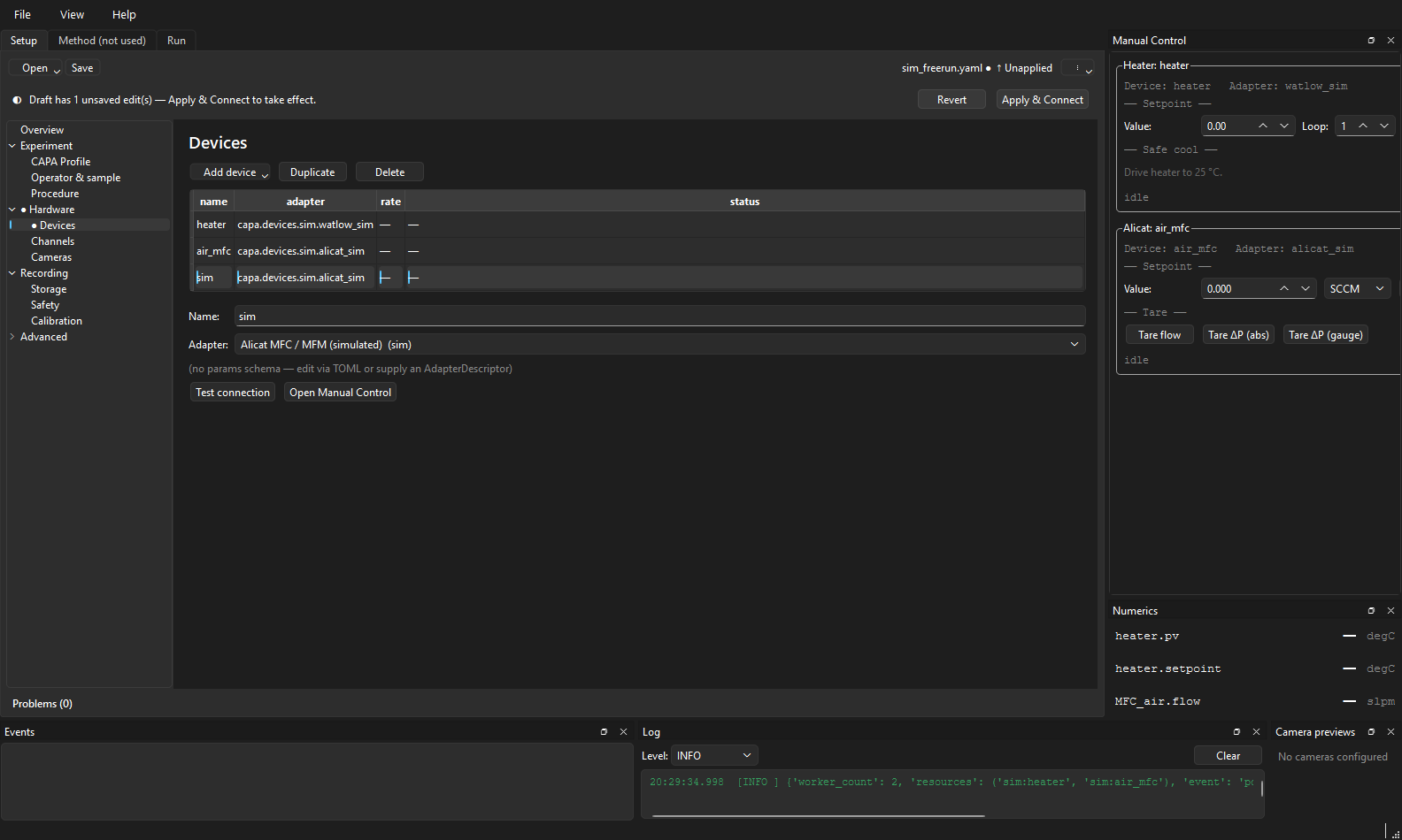 Setup tab with the Devices section open, sim_freerun.yaml loaded, draft has unsaved edits.