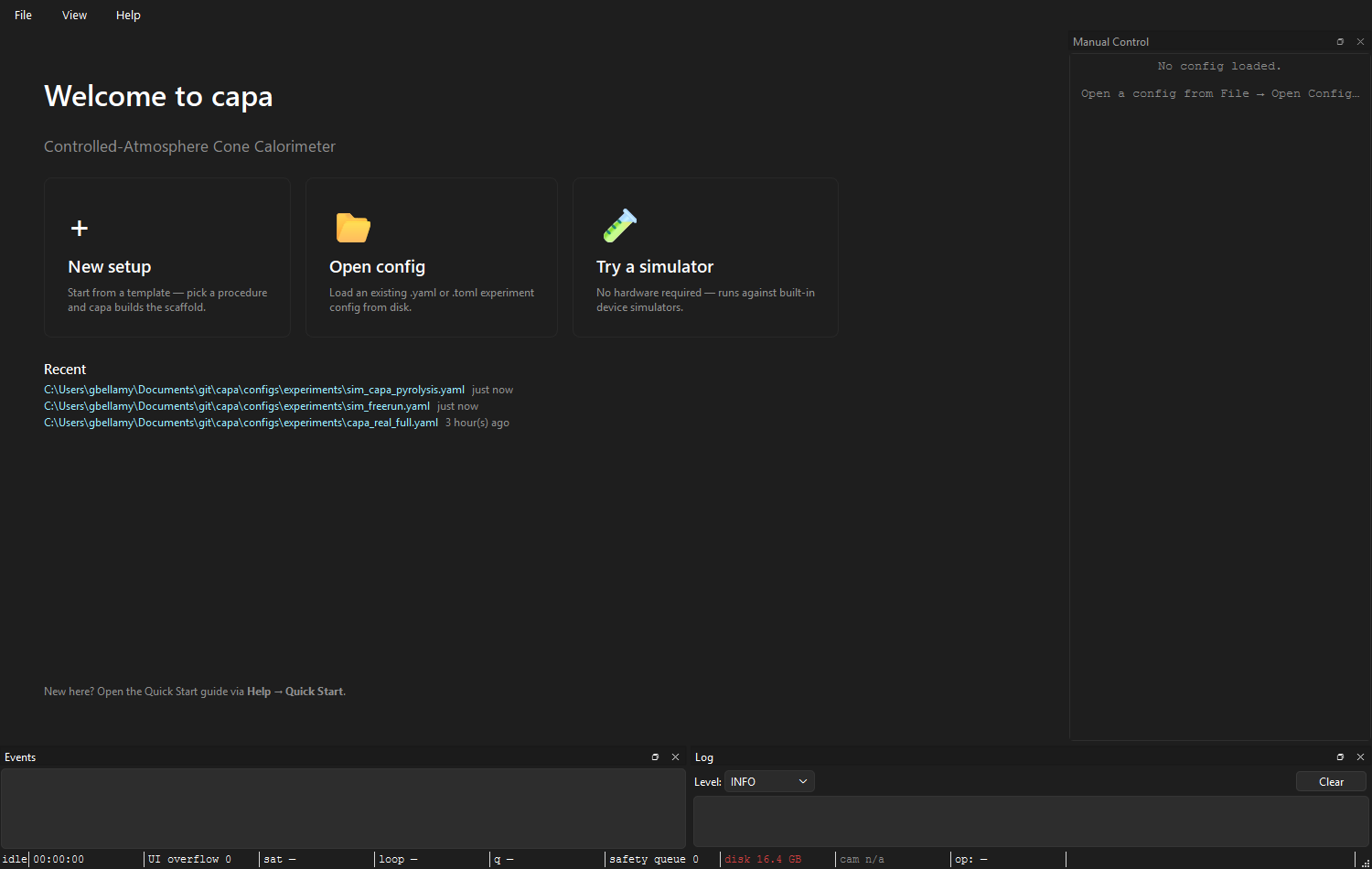 capa welcome screen: three cards (New setup, Open config, Try a simulator) and a Recent list showing three opened configs with relative timestamps.